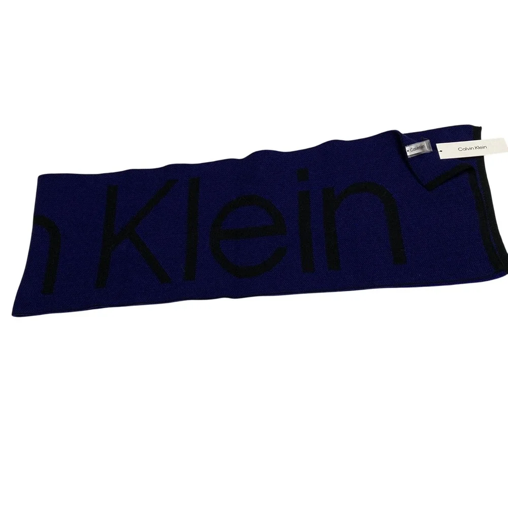Calvin Klein Royal Blue Knit Scarf Black Bold Logo Unisex Winter Accessory NWT